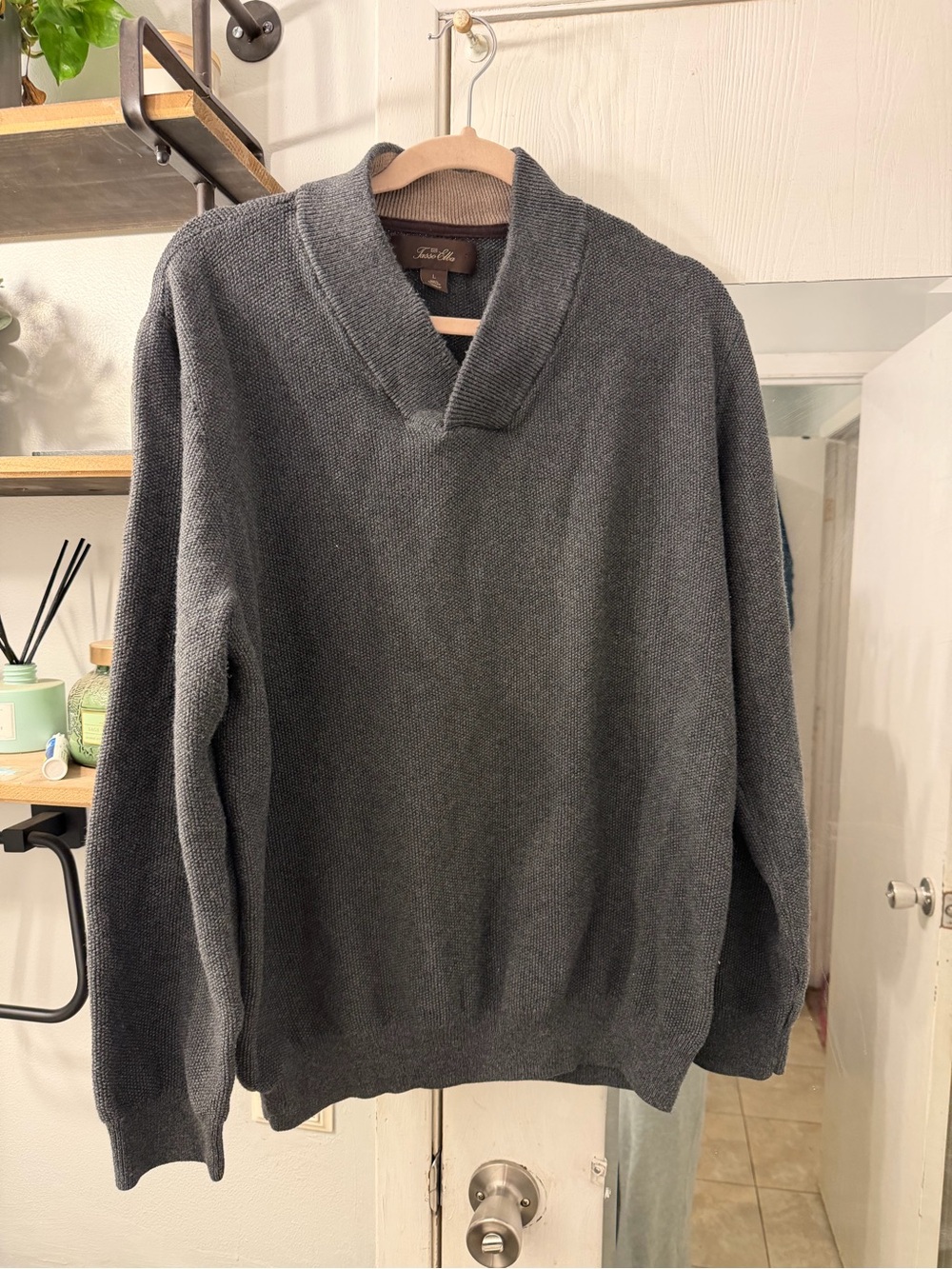 Tasso Elba Men's 100% Cotton V-Neck Shawl Collar Sweater - Charcoal Gray